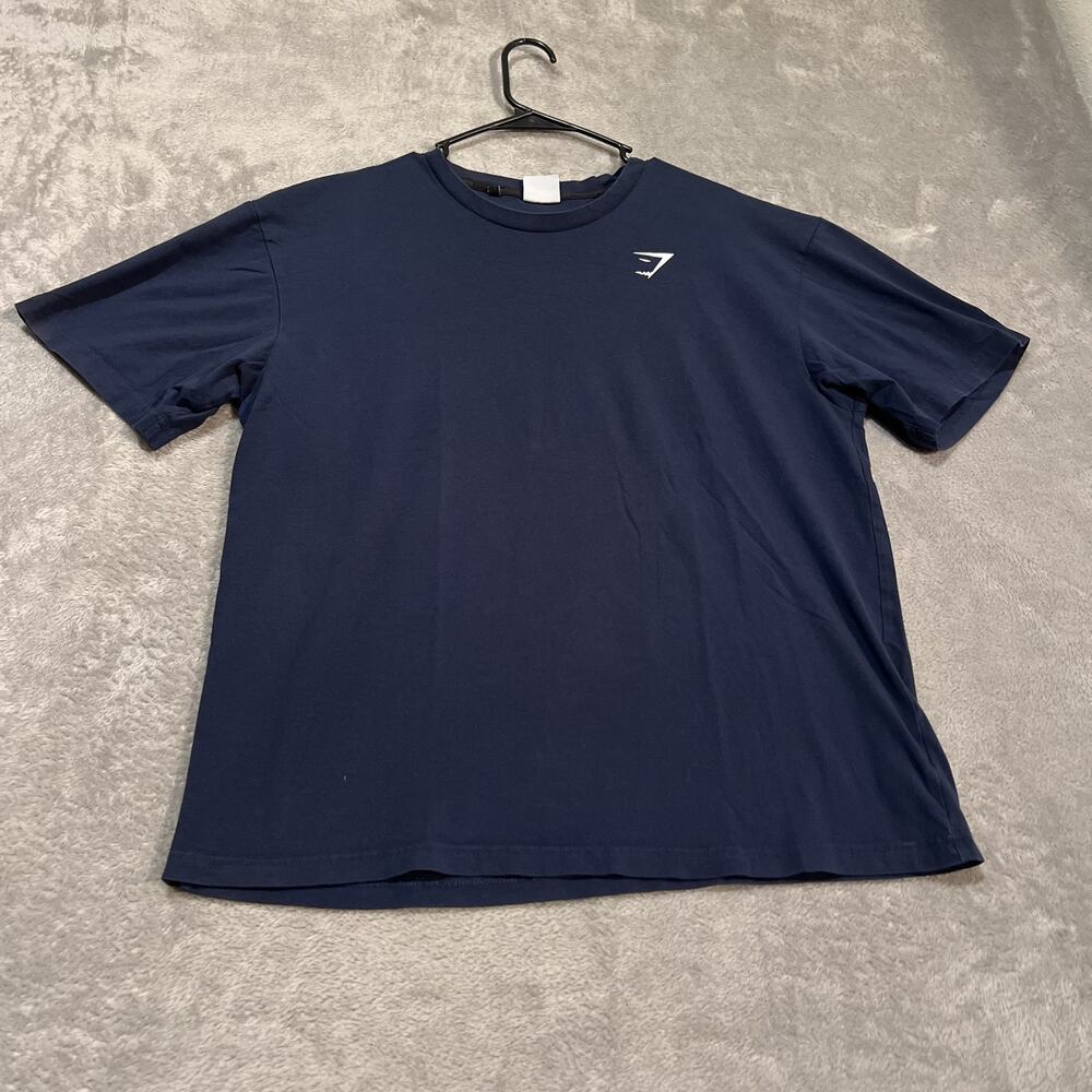 Gymshark Shirt Mens Medium Navy Blue Athletic Logo Tee Stretch Gym Workout Top